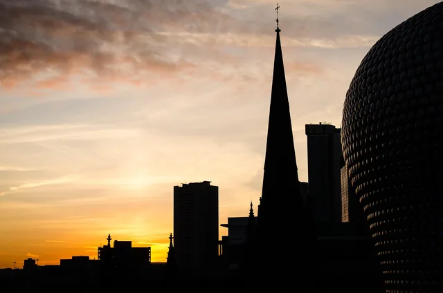 bull ring, sunset, birmingham, united kingdom, buildings, nature, city, urban, night, dusk, landmark, silhouette. Birmingham multi-site technical SEO compared with Leeds