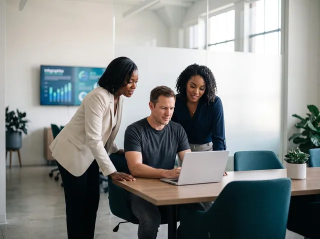 office, collaboration, meeting, diversity, laptop, professionals, teamwork, computer, modern, colleagues, workplace, technology, company, strategy, discussion, communication, career, men and women, leadership, conference room. When to formalise a technical SEO operating workflow for your team