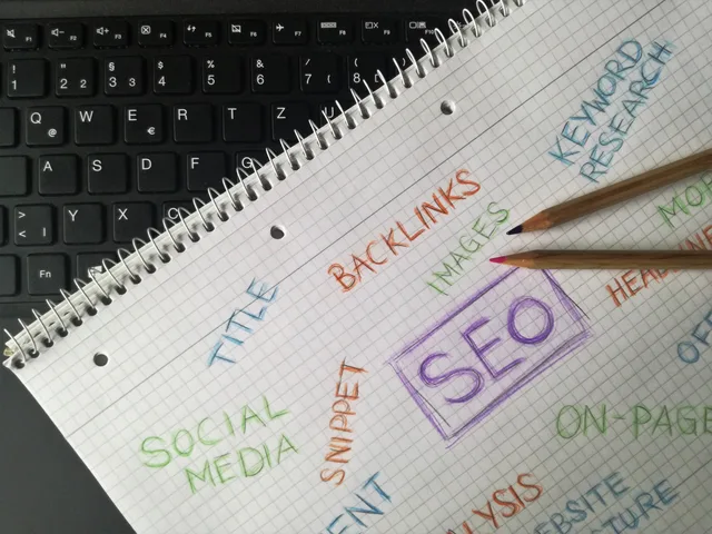 Close-up of notebook with SEO terms and keywords, highlighting digital marketing strategy. Nine steps to build a technical SEO strategy: outcomes, sampled crawls, scoring and review points