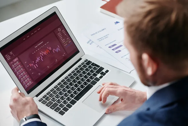 Businessman reviewing data analytics dashboard on laptop in bright office. How to choose an audience for technical SEO audits