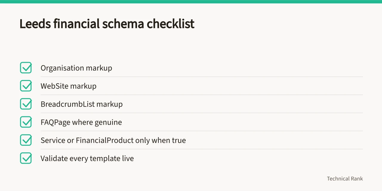Schema checklist for Leeds financial services pages (Birmingham multi-site technical SEO compared with Leeds)